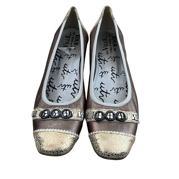 UTV Un Tour En Ville Metallic Bronze Toe Details Leather Ballet Flat Shoes - Picture 1 of 8